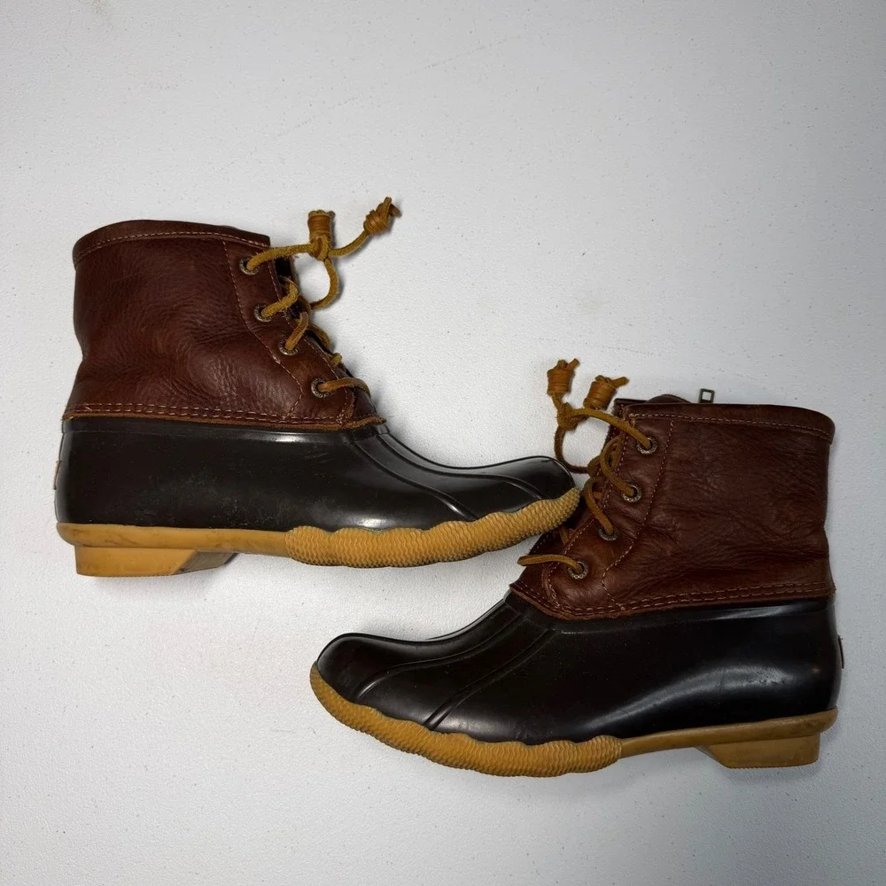Sperry Saltwater Duck Boots 6 Brown‎ Leather Waterproof Side Zip STS91176